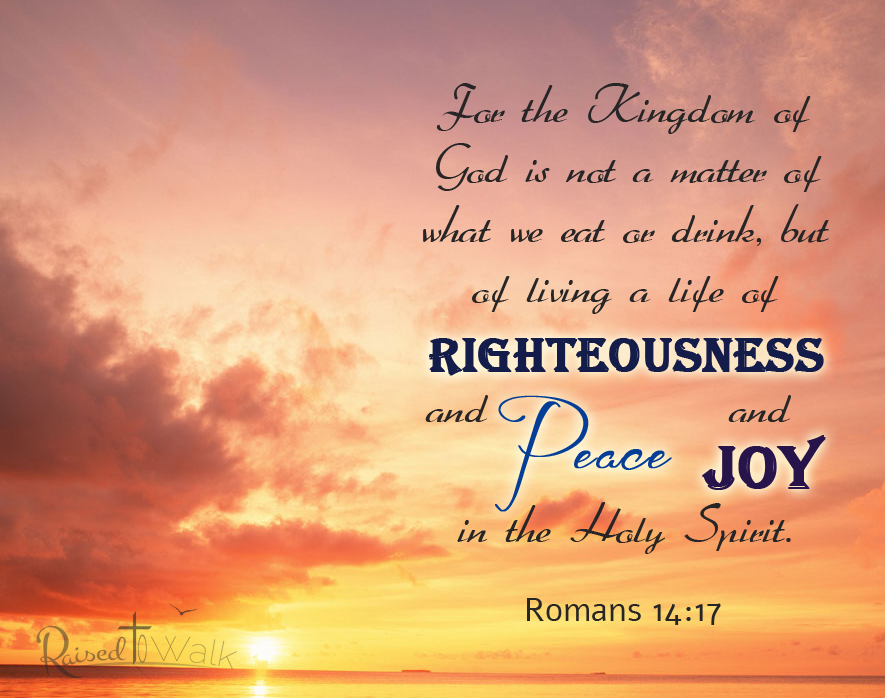 For the Kingdom of God is not a matter of what we eat or drink, but of living a life of righteousness and peace and joy in the Holy Spirit. Romans 14:17