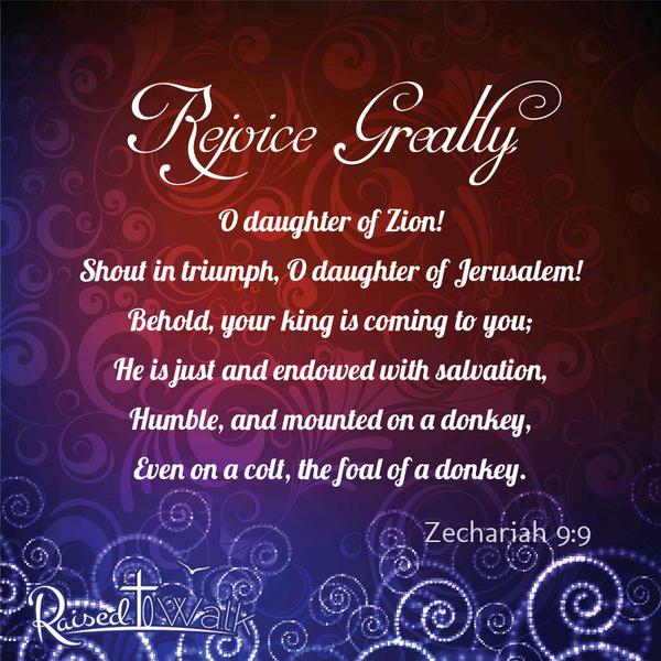 Rejoice greatly, O daughter of Zion! Shout in triumph, O daughter of Jerusalem! Behold, your king is coming to you; He is just and endowed with salvation, Humble, and mounted on a donkey, Even on a colt, the foal of a donkey. Zechariah 9:9