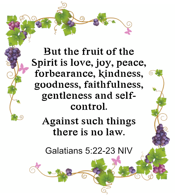 Galatians 5:22-23 22 But the fruit of the Spirit is love, joy, peace, forbearance, kindness, goodness, faithfulness, 23 gentleness and self-control. Against such things there is no law.